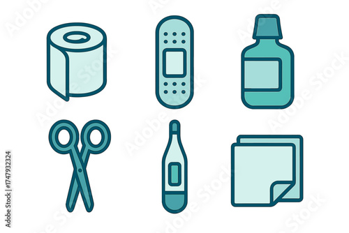 Essential medical supplies including thermometer, adhesive bandage, scissors, and gauze