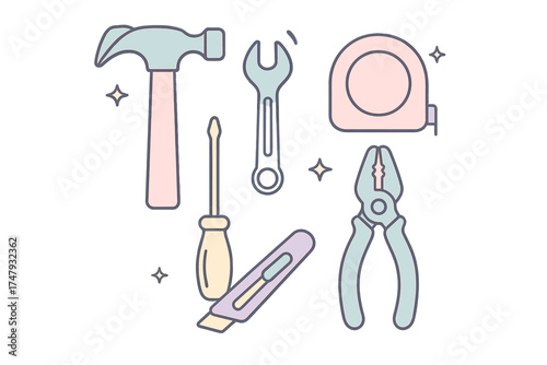 Essential household repair and DIY tools including hammer, screwdriver, wrench, and pliers
