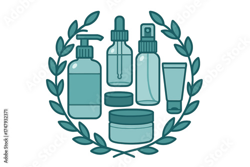 Skincare product bottles and jars set framed by an organic leaf wreath design