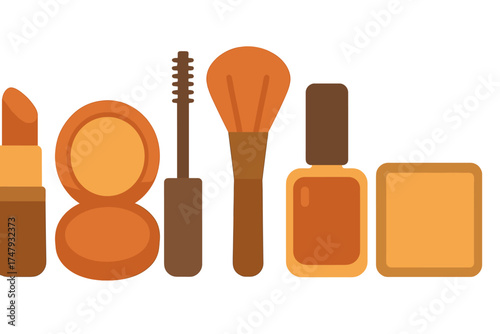 Collection of cosmetic products including lipstick, face powder, mascara, and nail polish in warm tones