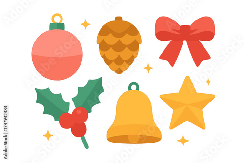 Set of traditional Christmas and New Year symbols: bauble, pine cone, ribbon, holly, bell, and star