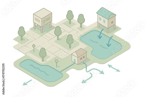 Sustainable water management and drainage system in an isometric modern neighborhood