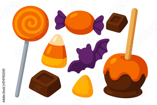Classic Halloween candy assortment featuring lollipop, candy corn, chocolate, and caramel apple
