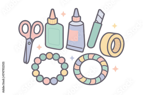 Pastel collection of crafting tools supplies scissors glue tape and beads