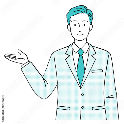 手のひらを上に向けて案内・紹介をする男性ビジネスマンの線画イラスト,提案,笑顔
