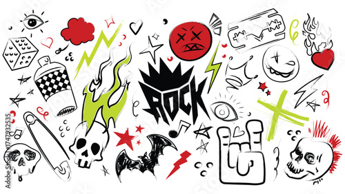 Alternative punk rock doodle elements with skulls and flames, bat and graffiti spray, rebellious icons for underground art or band graphics. Grunge symbols for tattoos or street culture designs.