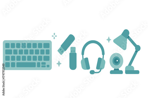 Essential computer peripherals and modern office accessories set including keyboard, flash drives, headset, webcam, and desk lamp