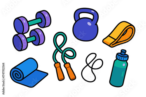 Colorful fitness and gym equipment stickers set with dumbbells kettlebell and yoga mat
