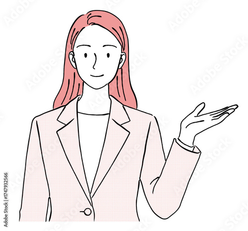 手のひらを上に向けて案内・紹介をする女性ビジネスマンの線画イラスト,提案,笑顔