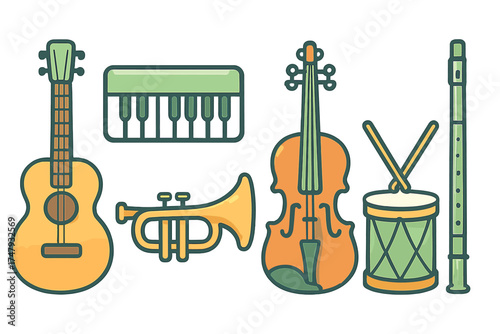 Group of various musical instruments featuring string, wind, brass, and percussion elements