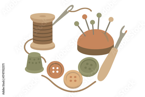 Essential collection of sewing and tailoring supplies including thread, needle, and buttons