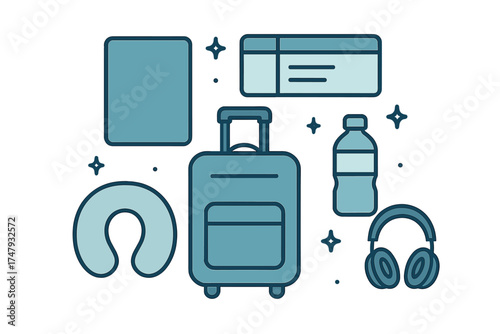 Essential travel accessories set with rolling suitcase, boarding pass, neck pillow, and headphones