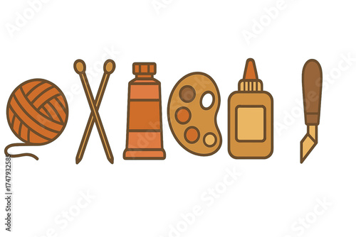Essential crafting tools and art supplies including yarn, knitting needles, paint, palette, glue, and knife