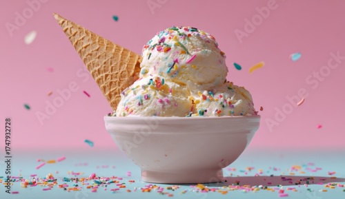 Delicious ice cream with sprinkles in a bowl against a pink with confetti