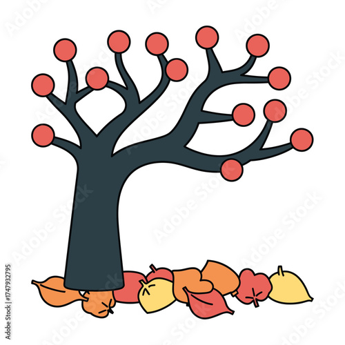 Illustration of a tree with red apples and fallen leaves, symbolizing autumn harvest