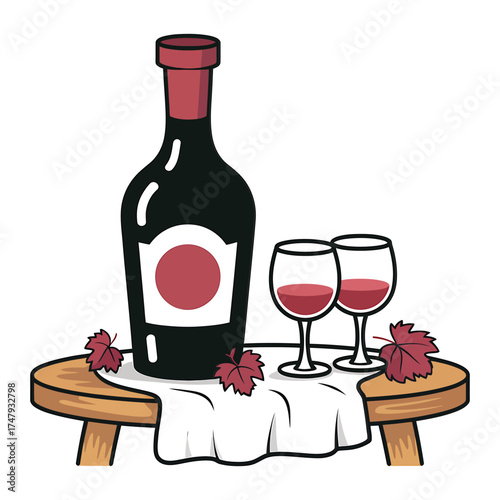 Illustration of a wine bottle and glasses on a table, perfect for a wine tasting event