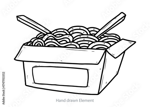 Hand-drawn illustration of noodles in a takeout box with chopsticks, presented in a simple black and white line art style.