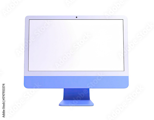 Front view of a sleek, blue, all-in-one computer with a blank screen
