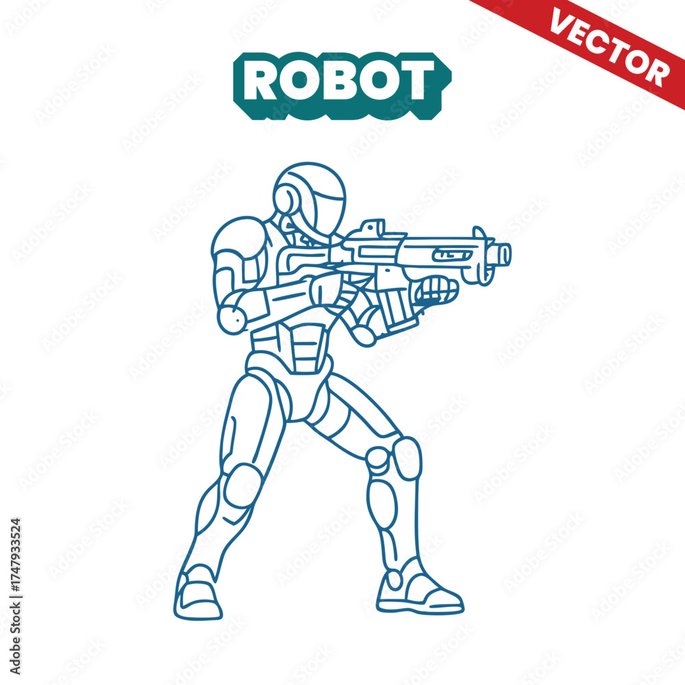 Fototapeta premium Modern and futuristic robot outline vector illustration carrying a modern and futuristic gun