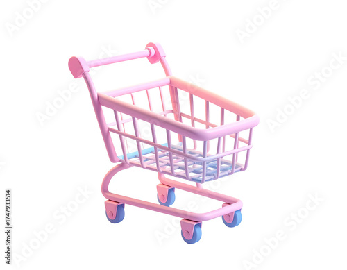 3D render of a cute, pink shopping cart, isolated on a transparent background