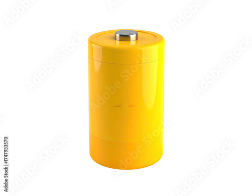 Isolated, yellow cylindrical power cell, showing top cap.  Black background