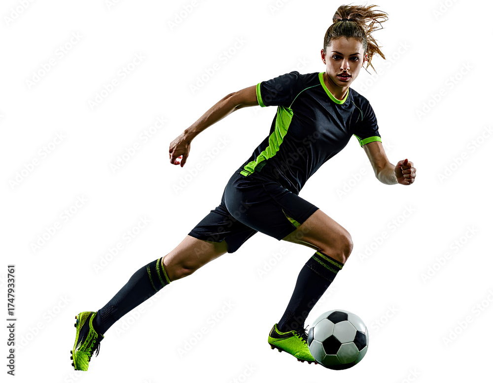 Obraz premium Professional female soccer player in black and green kit preparing to kick the ball, dynamic football action pose, isolated on transparent background, PNG
