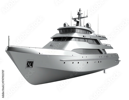 A sleek, silver three-deck yacht, angled against a black background, detailed