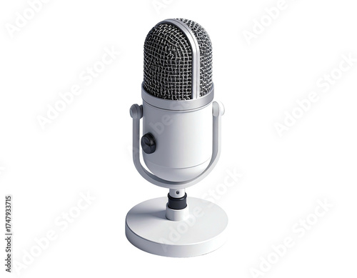 White, retro-styled microphone with mesh head, on a stand against a dark background