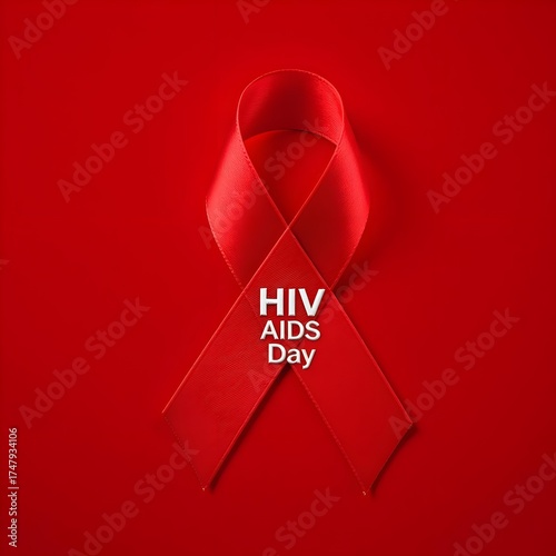 Aids awareness ribbon. A ribbon with the word AIDS on it. The ribbon is red. The ribbon is on a red background. 
