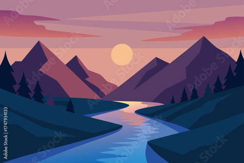 Illustration of mountains river and sunset landscape