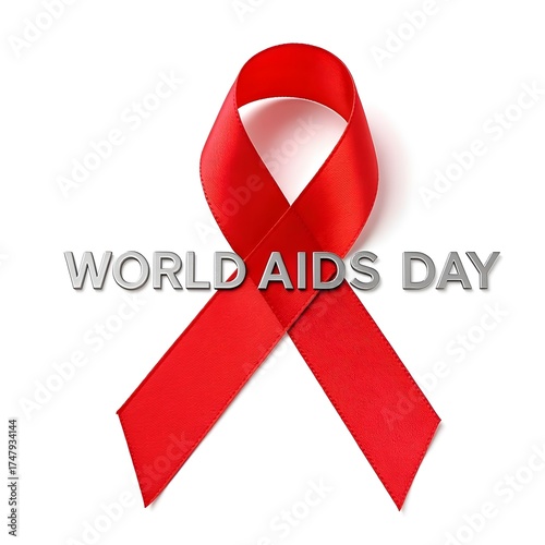 Aids awareness ribbon. A ribbon with the word AIDS on it. The ribbon is red. The ribbon is on a white background. 