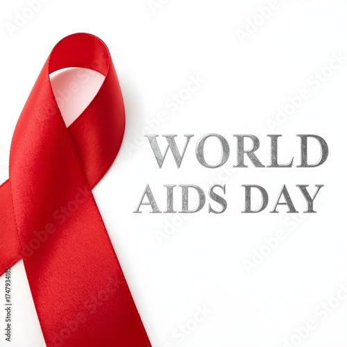 Aids awareness ribbon. A ribbon with the word AIDS on it. The ribbon is red. The ribbon is on a white background. 