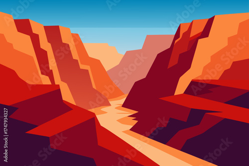 Stylized grand canyon landscape with river and sky