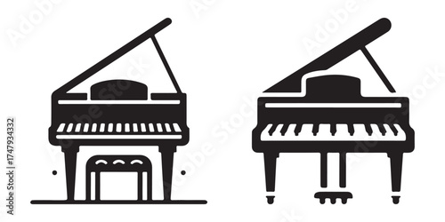 Modern Minimalist Grand Piano Icon, Flat Silhouette of a Musical Instrument Vector for Music Illustration Design