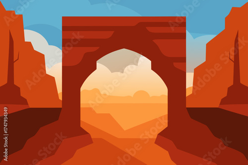 Desert landscape with arch and canyon illustration