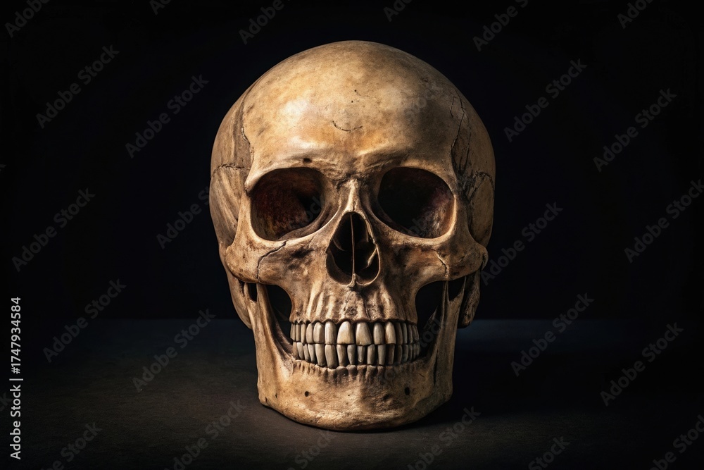 Obraz premium Aged Human Skull Black Background Dramatic Lighting Contours Shadows Bone Structure