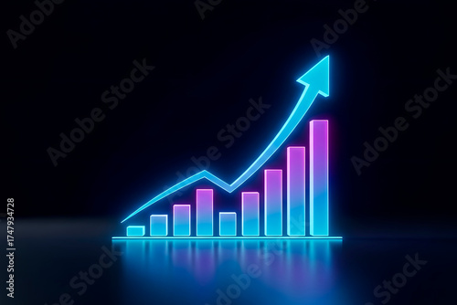 Glowing arrow pointing upward on business bar chart. Financial growth and success concept for investment analysis. Holographic graph on dark background