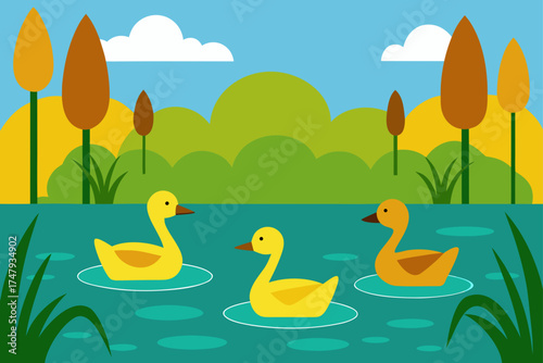 Three ducks swimming in a pond with trees around it