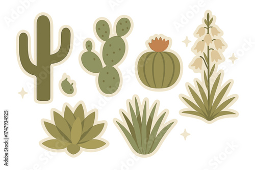 Modern sticker style collection of desert plants and succulents including cacti, agave, and yucca