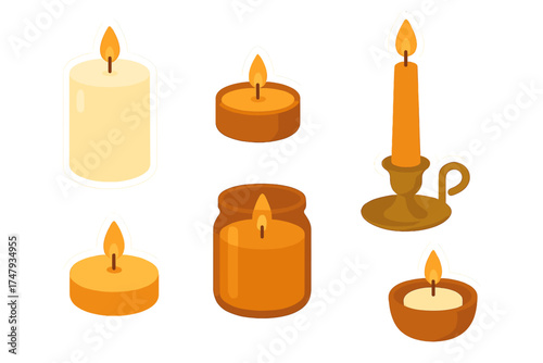 Collection of lit wax candles in diverse forms including pillar, jar, tealight, and candlestick