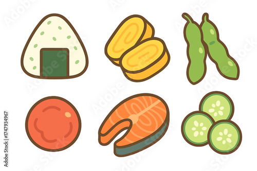Popular Japanese food ingredients set featuring onigiri, salmon, tamagoyaki, and edamame