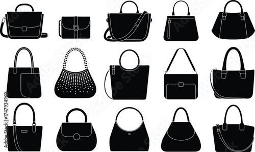 Handbag silhouette collection with diverse styles and shapes, fashion accessory vector illustration for design, retail, catalog, and style reference