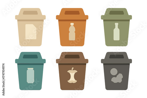 Six colorful waste sorting bins for paper, plastic, glass, metal, organic, and general trash