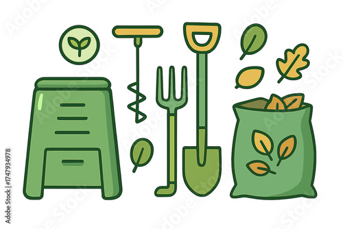Set of essential tools for gardening and composting including shovel, fork, and compost bin