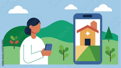 An illustration of a person in a rural setting accessing a telemedicine app on their smartphone overcoming barriers of distance to receive care.