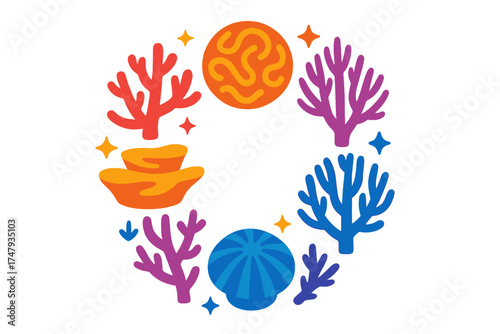 Decorative circular frame design featuring colorful underwater reef elements, coral, sponges, and marine life