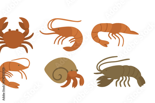 Stylized collection of marine crustaceans: crab, shrimp, lobster, and hermit crab icons