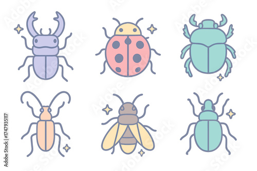 Stylized pastel color insect set featuring beetles ladybug and flying bugs