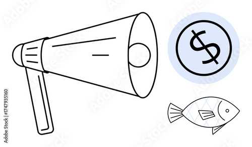 Megaphone, dollar icon, and fish combination conveying messages, financial themes, and creativity. Ideal for communication, advertising, finance, environment marketing business storytelling
