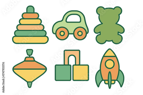 Colorful collection of six classic children's toys: stacking pyramid, car, teddy bear, spinning top, blocks, rocket